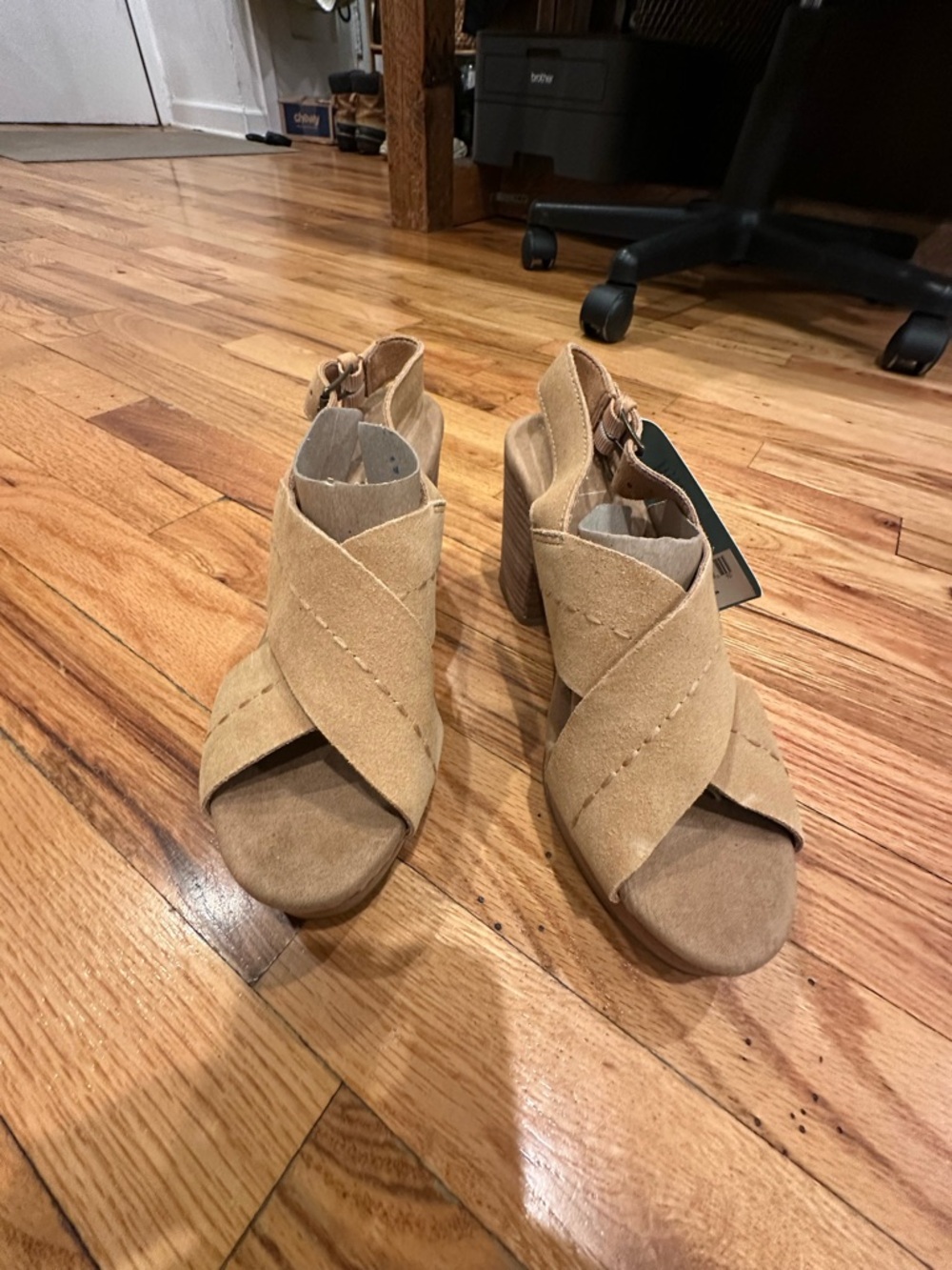 Toms Tan Suede Crisscross Peep-Toe Block Heels - never worn!
